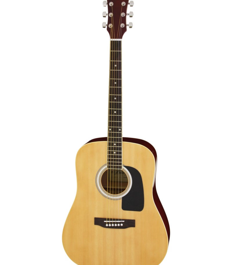 Acoustic guitar with a wooden body and strings, ready for playing music.
