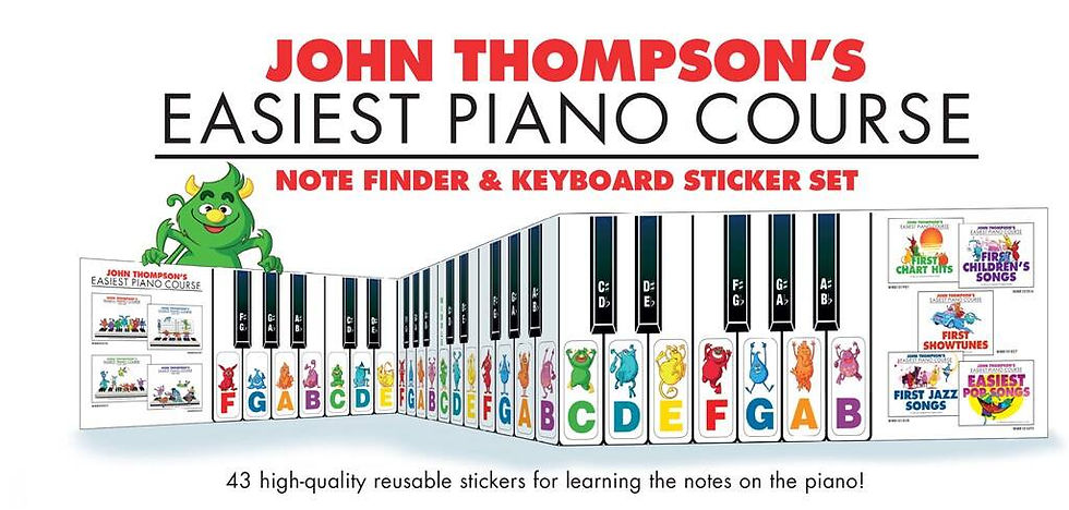 John Thompson's Easiest Piano Course, reusable stickers for learning notes on keyboard.