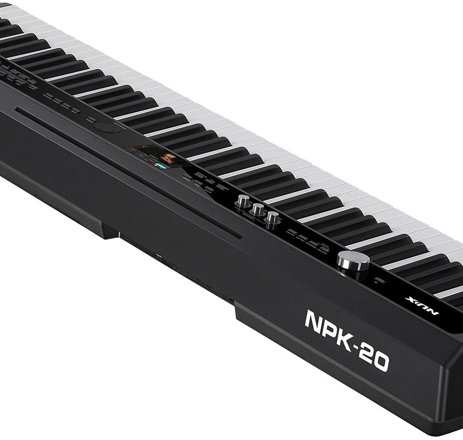 Black and white NPK-20 MIDI keyboard controller, angled view, musical instrument.