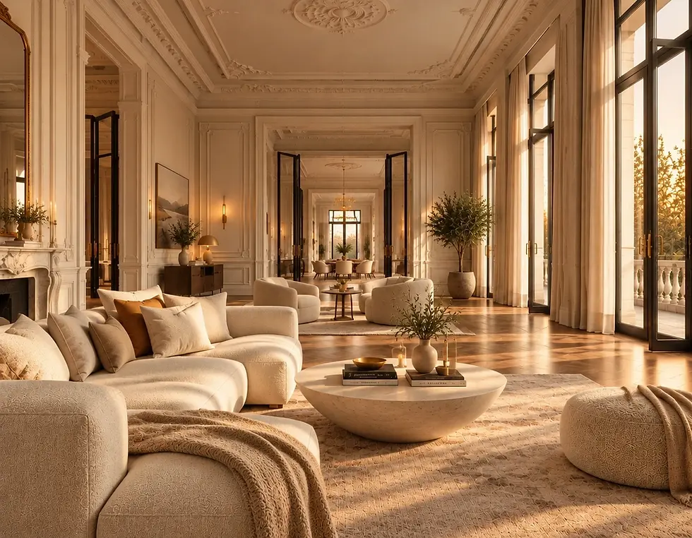 Studio photography of a luxurious, sun-drenched living room with high ceilings, beige plush furniture, and elegant, open-plan architectural details. The atmosphere is warm, serene, and sophisticated, filled with natural light.