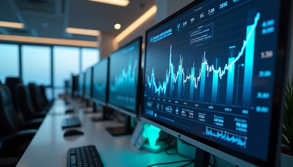 Eye-level view of a modern office with multiple computer screens showing data analytics