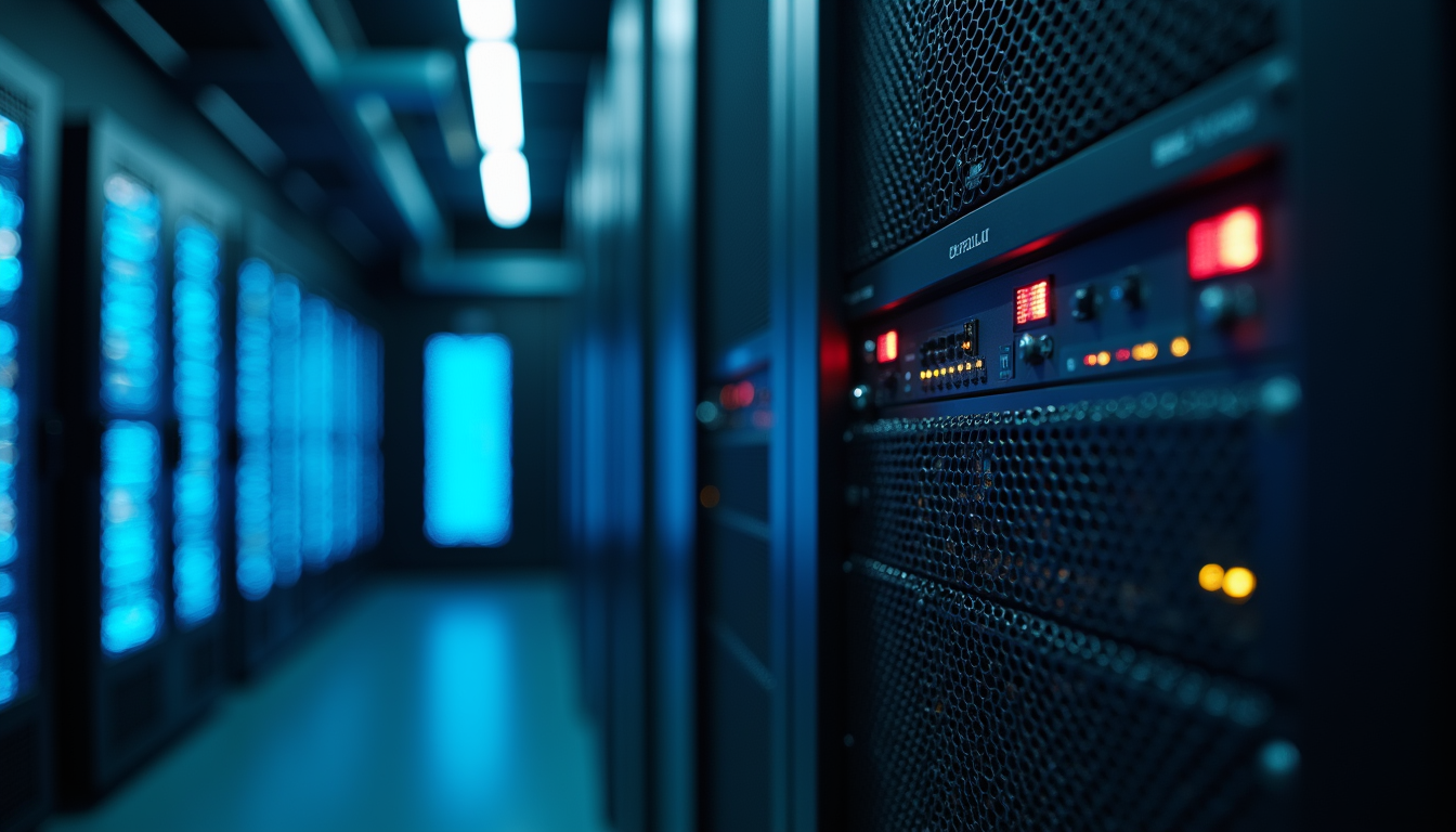 Close-up view of a server rack with blinking lights in a data center