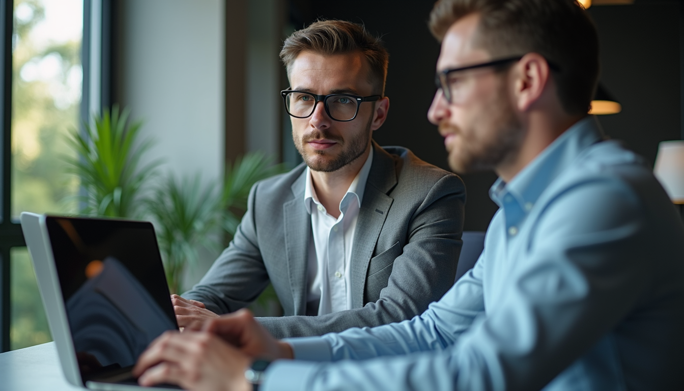 Close-up view of a consultant discussing technology strategy with a client over a laptop