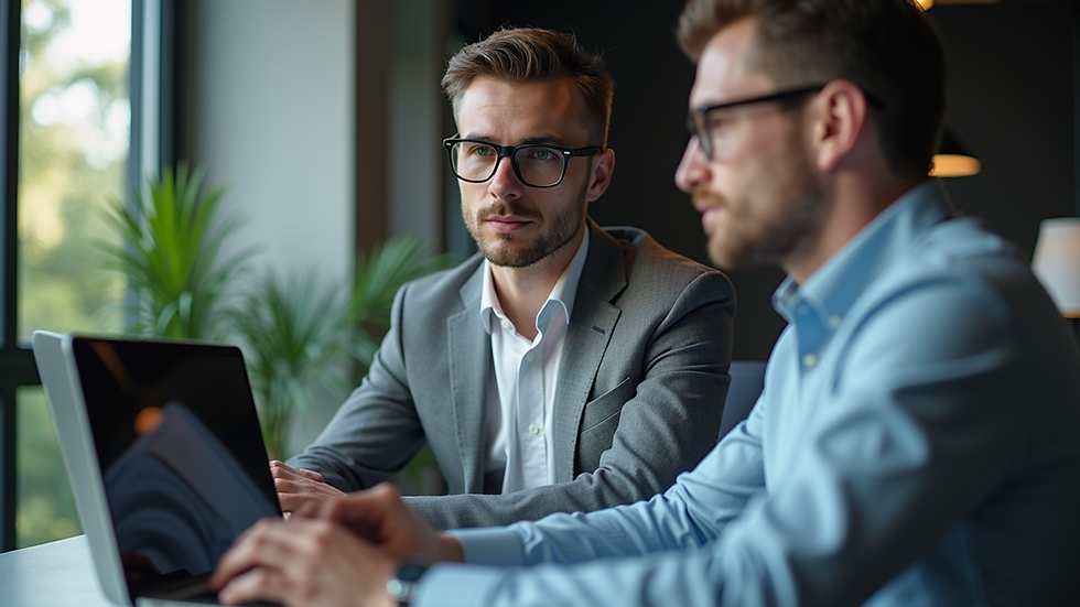 Close-up view of a consultant discussing technology strategy with a client over a laptop