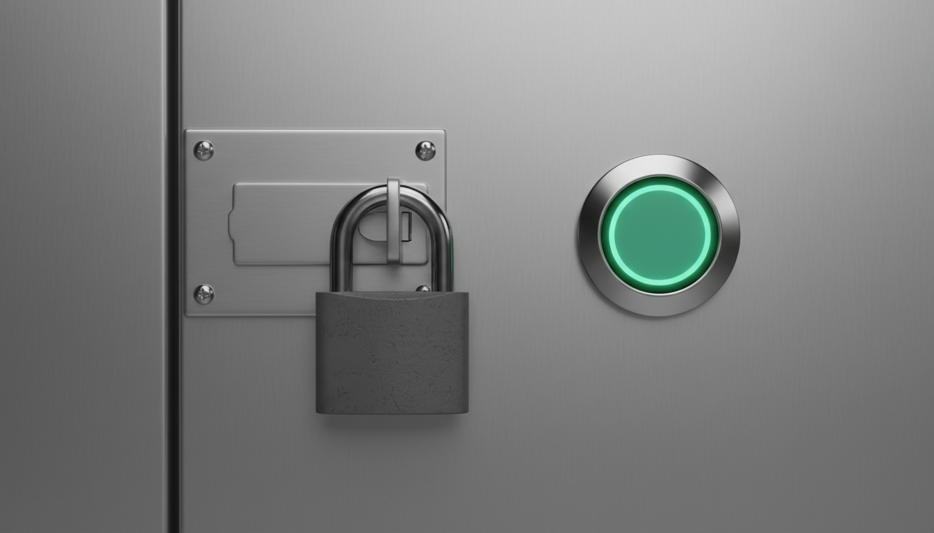 Close-up view of a locked access panel beside a glowing machine control button