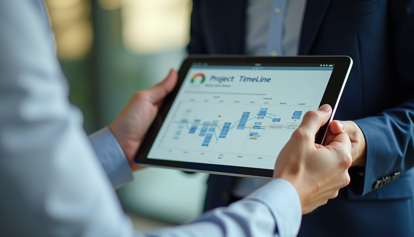 Close-up view of a project manager reviewing a digital project timeline on a tablet