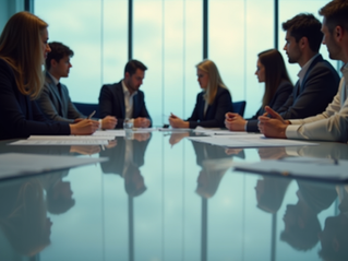 Eye-level view of a business team discussing disaster recovery plans around a conference table