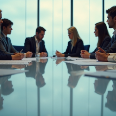 Eye-level view of a business team discussing disaster recovery plans around a conference table