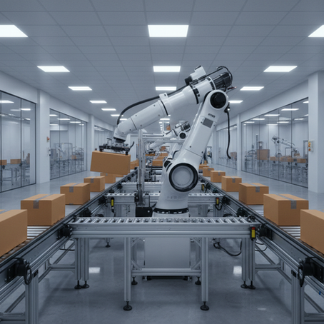 Wide-angle view of an automated factory line with a single robotic arm sorting sealed packages