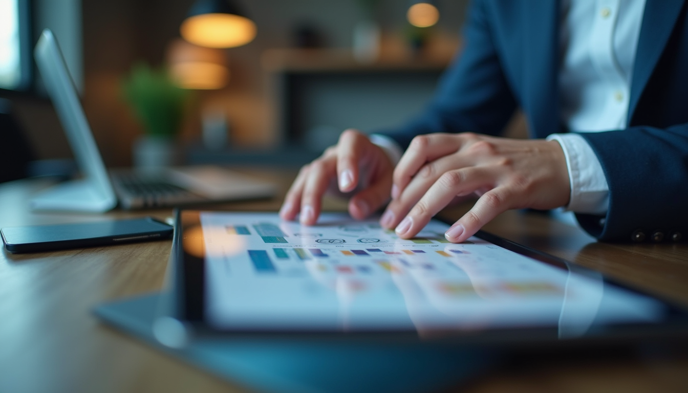 Close-up view of a project manager reviewing a technology roadmap on a tablet
