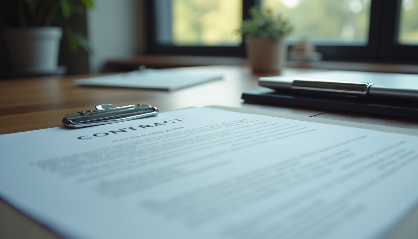 Close-up view of a contract and technology device on a desk