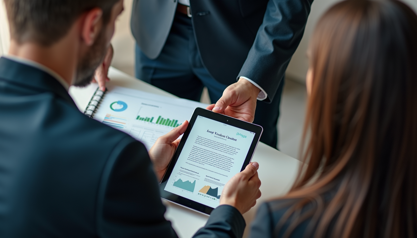 High angle view of a business team collaborating around a digital tablet