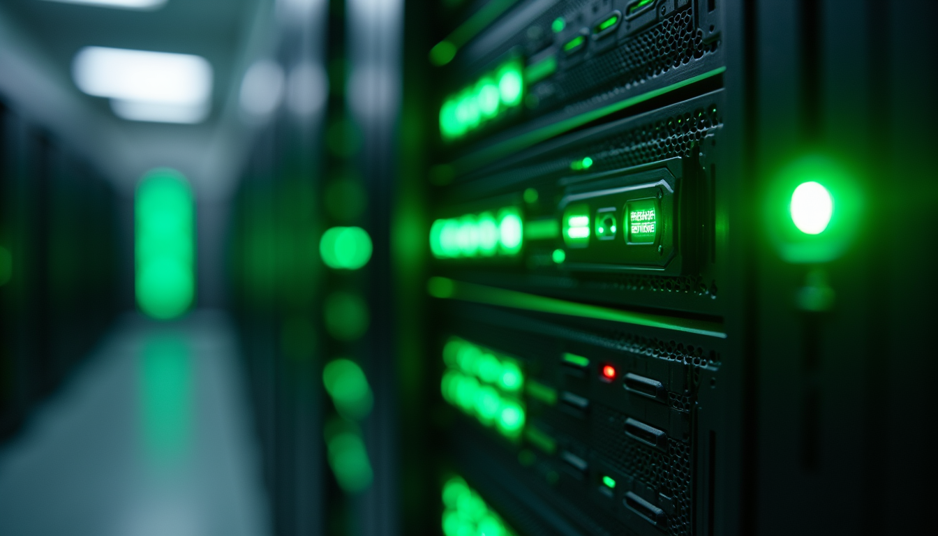 Close-up view of a server rack with green LED lights indicating energy-efficient data center