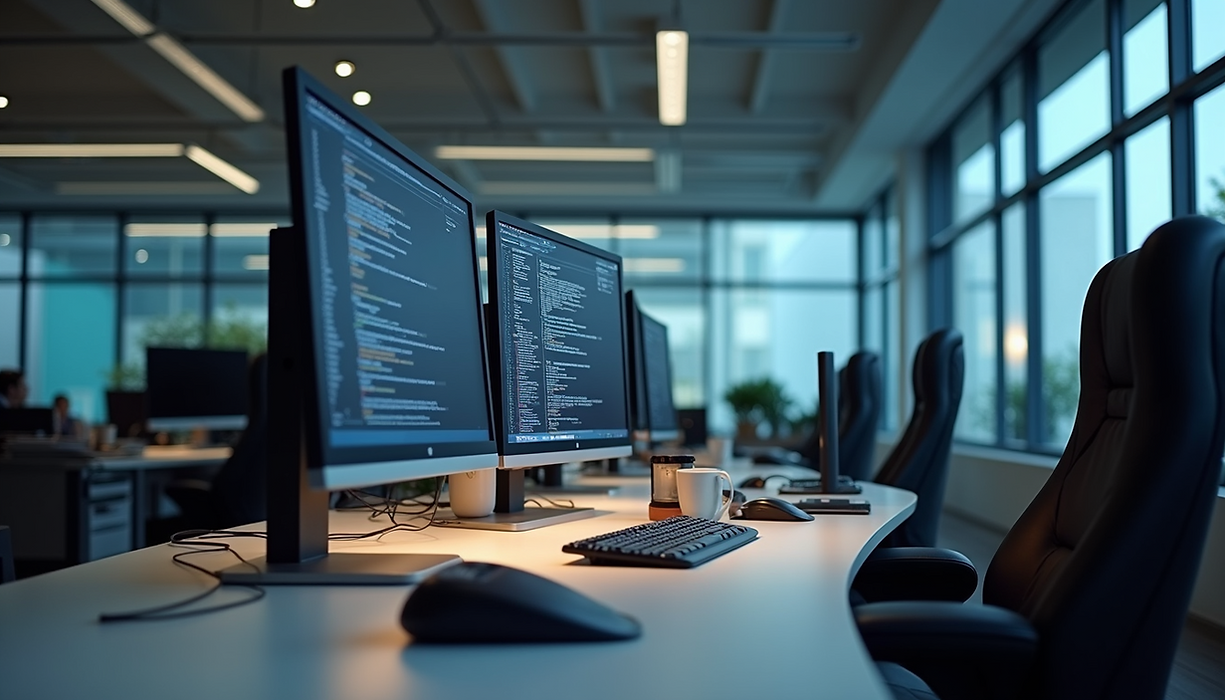 Empty desks with modern computers on them.