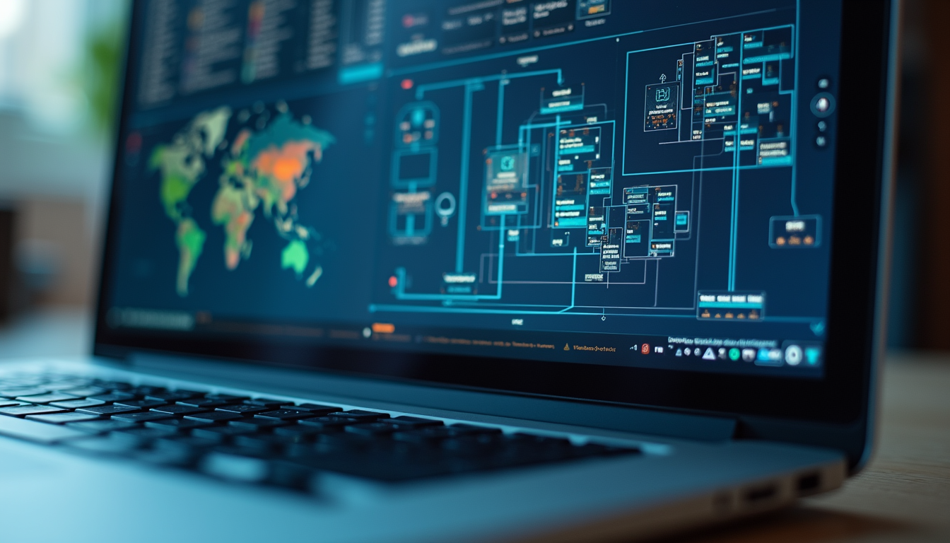 Close-up view of a laptop screen displaying network infrastructure diagrams
