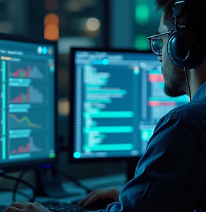 A man working at dual monitors with headphones on.