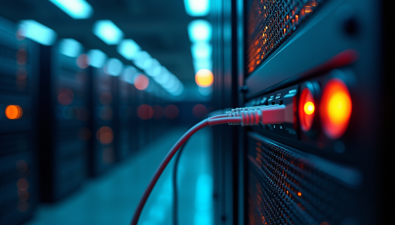 Close-up view of a server room with blinking lights and network cables