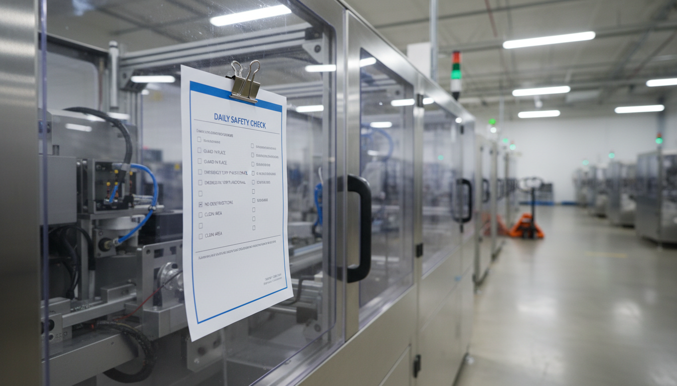 Eye-level view of a safety checklist clipped to a machine guard in a modern production area