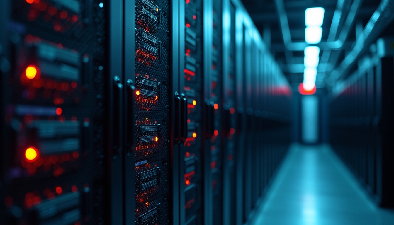 Close-up view of server racks with blinking lights in a data center