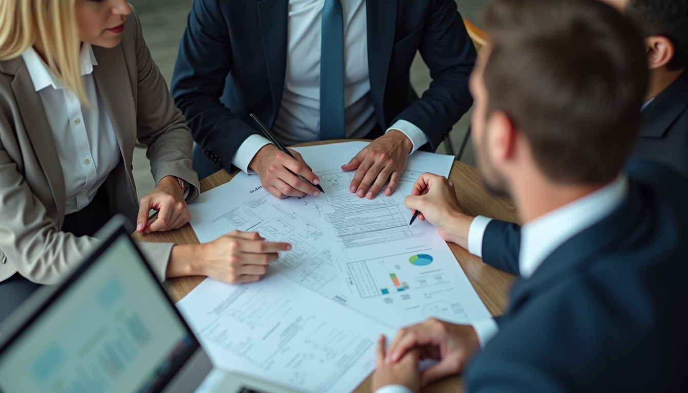 High angle view of a business team reviewing technology procurement documents