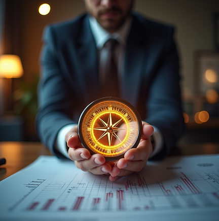 Man holding orange glowing compass.