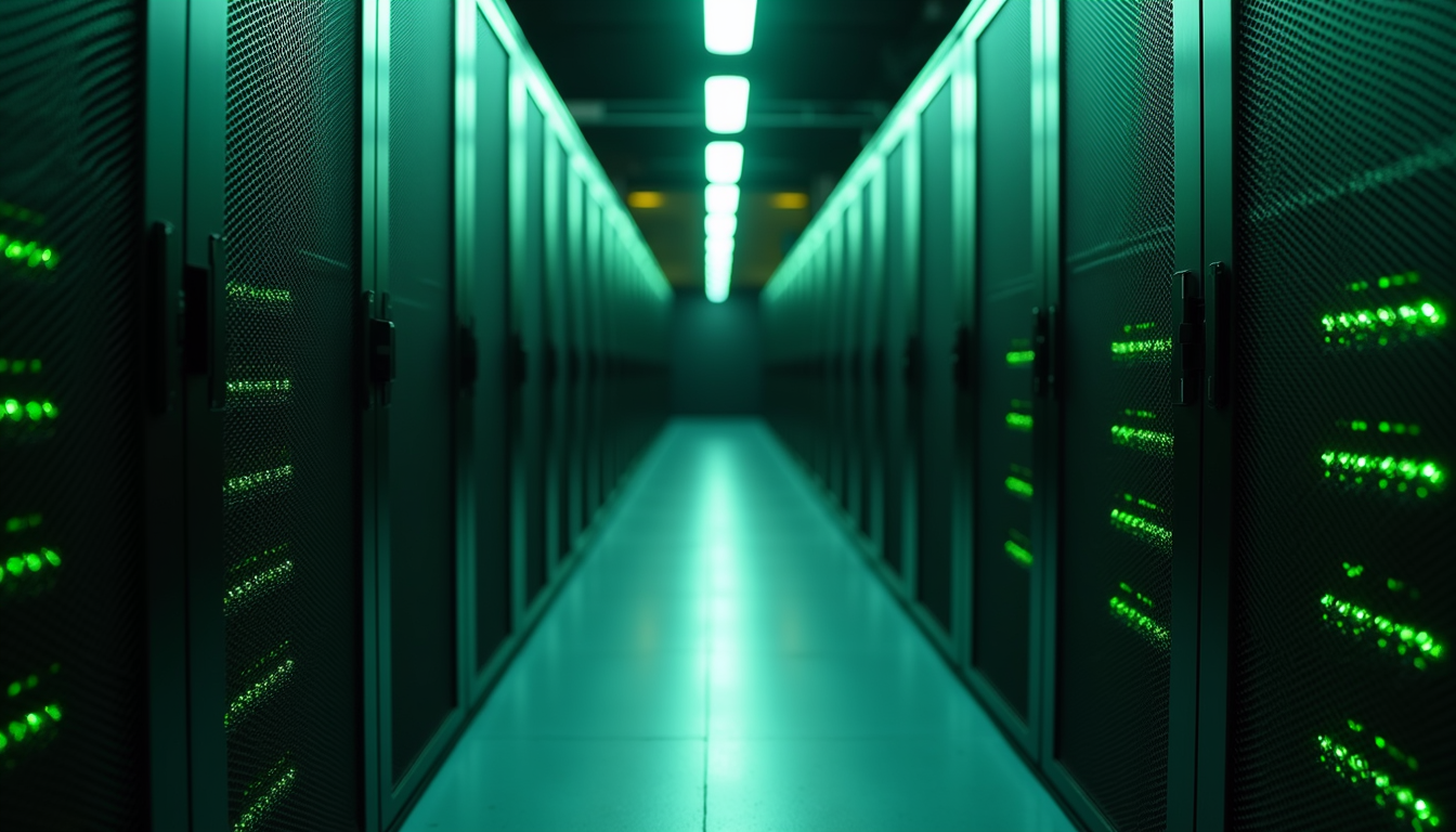 High angle view of data center cooling system with green LED lights