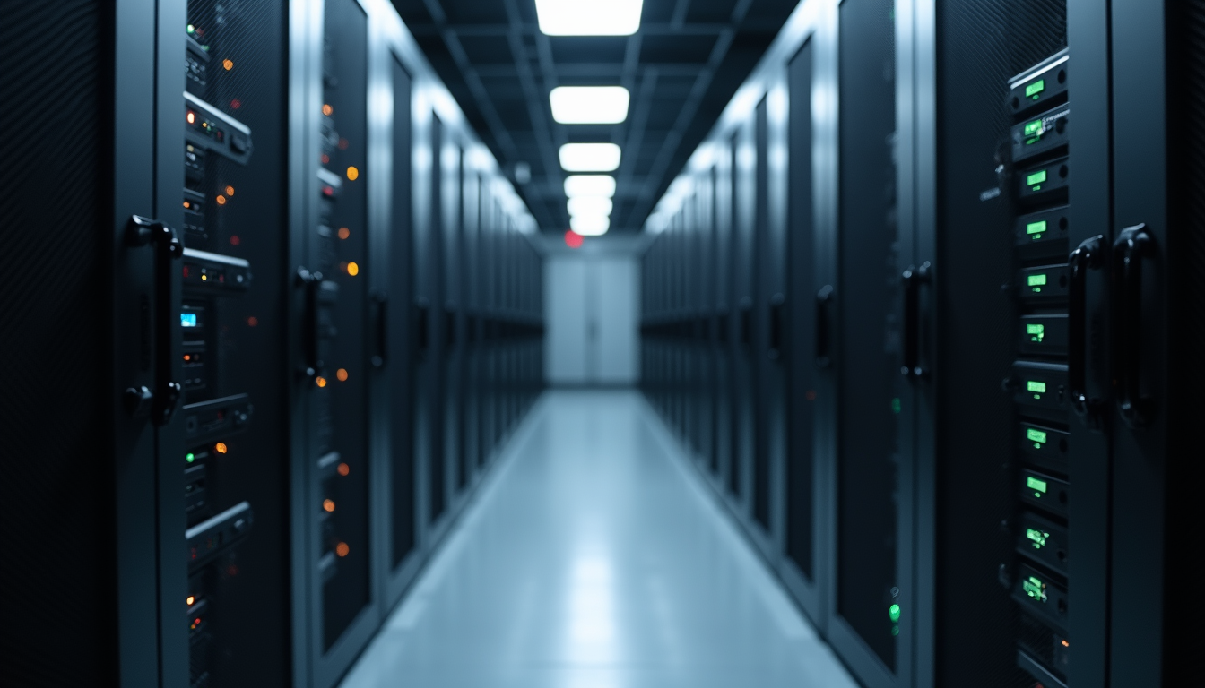 Empty data center with a row of servers.