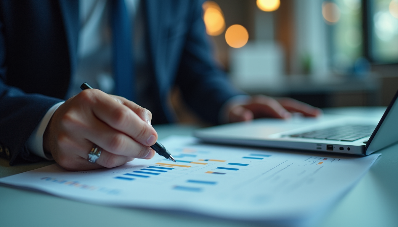 Close-up view of a cybersecurity consultant reviewing risk assessment reports