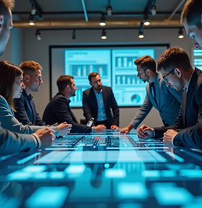 A professional team collaborating around a table with digital interfaces and charts.