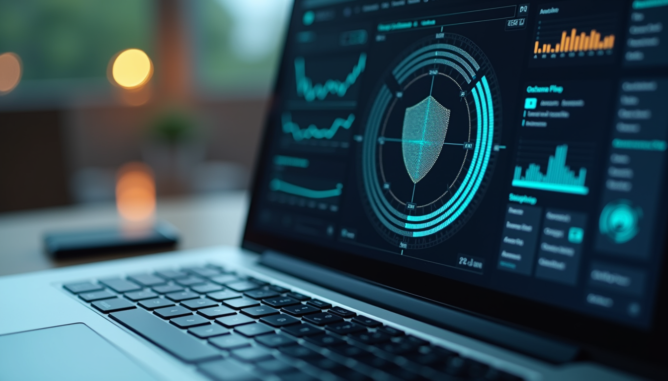 Close-up view of a laptop screen showing cybersecurity software dashboard