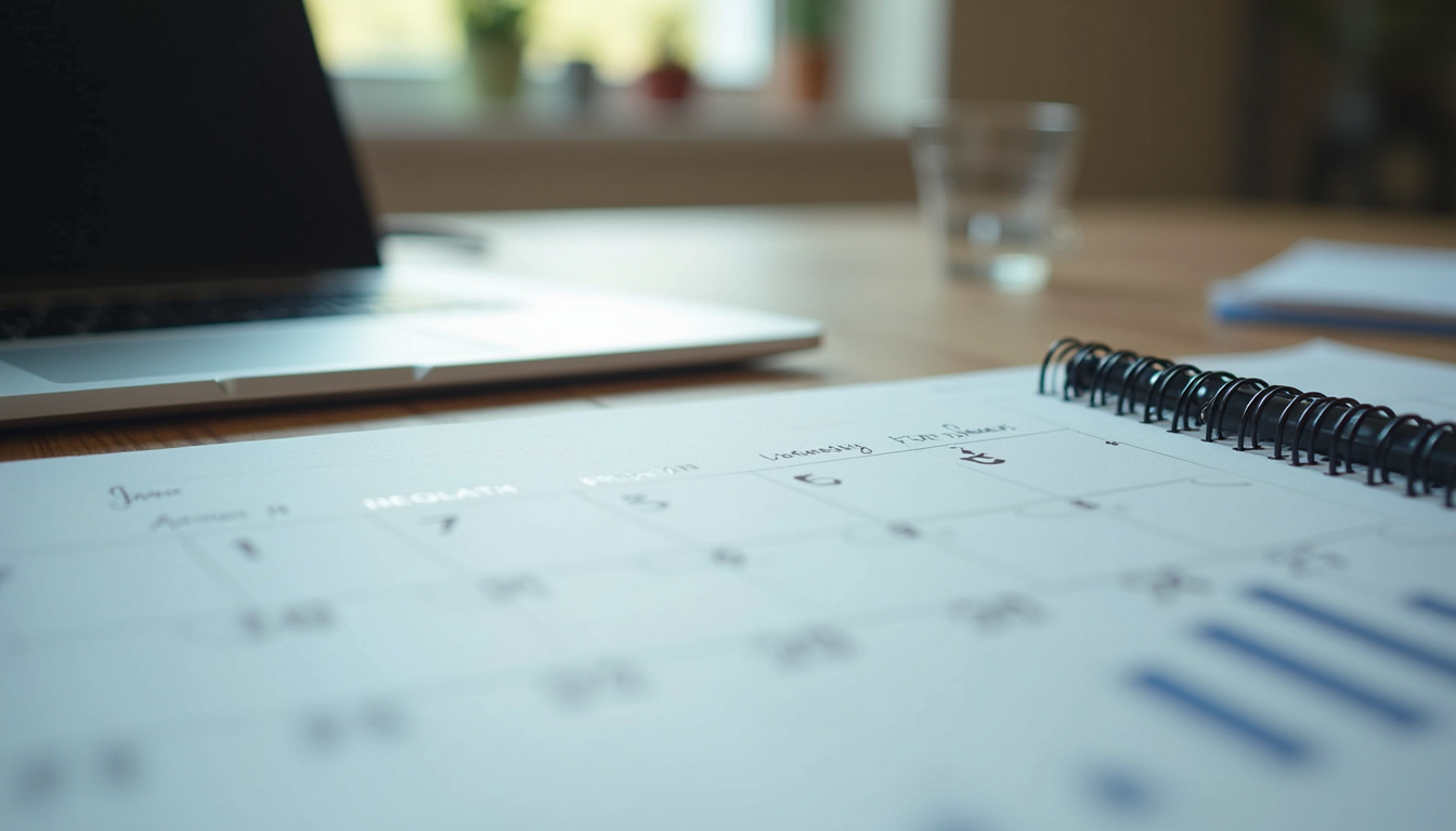 Close-up view of a project manager’s desk with a calendar, notes, and a laptop