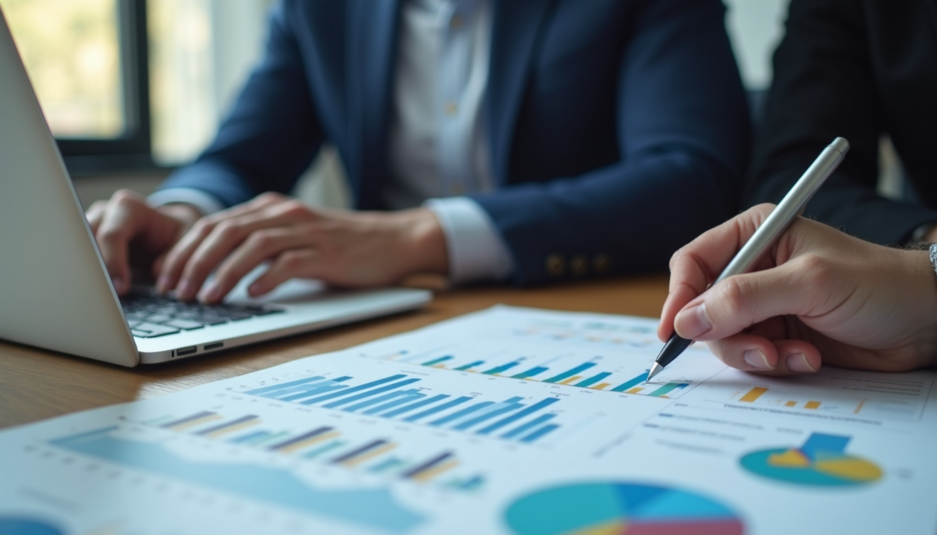Close-up view of a business team collaborating over a laptop with technology charts