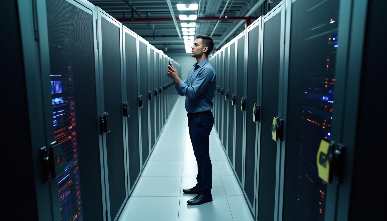High angle view of a technician inspecting data center equipment