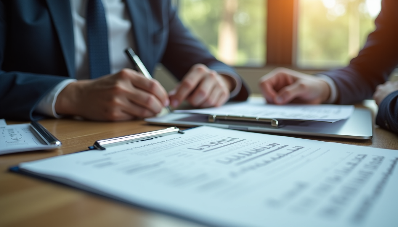 Close-up view of a consultant reviewing disaster recovery documents with a business owner