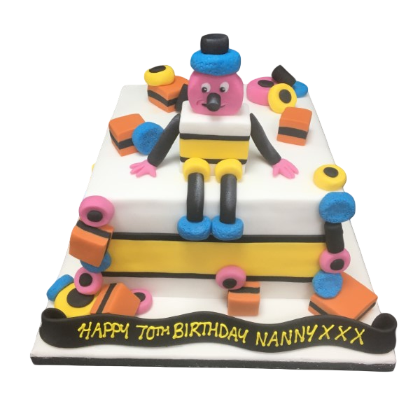 Colorful and whimsical cake inspired by Berty Bassett sweets, UK's iconic liquorice allsorts character. Perfect for parties and celebrations.