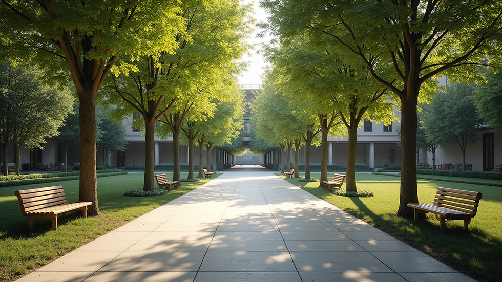 Wide angle view of a serene outdoor space with trees and benches