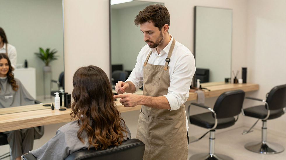 Professional hairstylist styling a client's wavy hair.