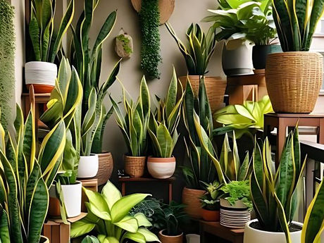 Snake plant care tips with Sansevieria trifasciata in ceramic pot for indoor air purification.