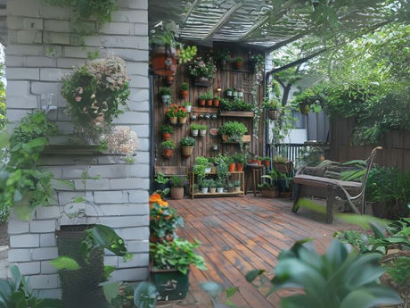 Small urban apartment garden with vertical planters and indoor greenery
