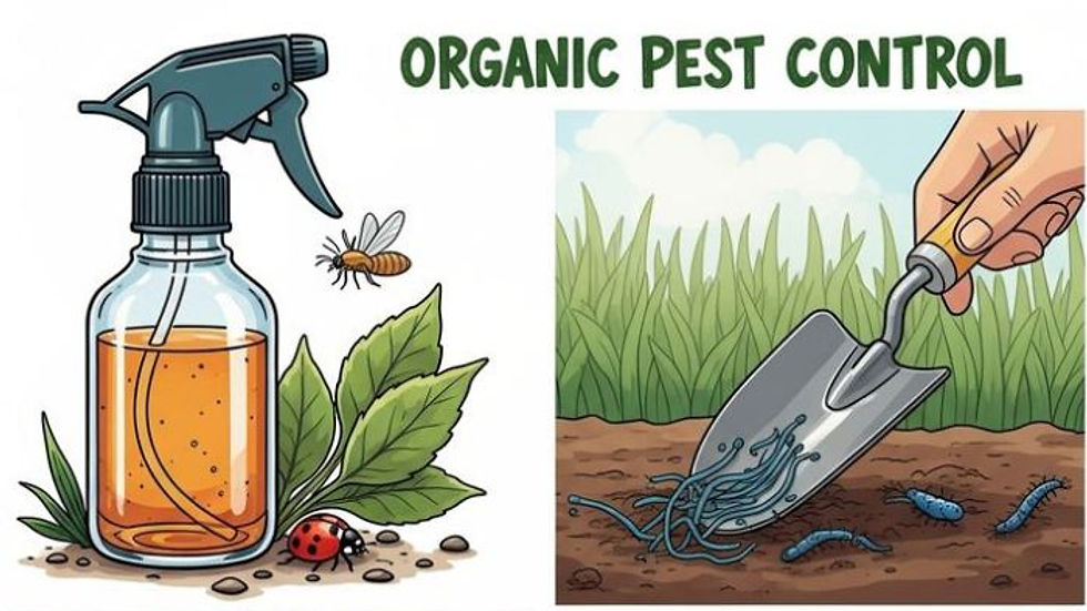 Organic pest control using neem spray and beneficial nematodes in home garden soil