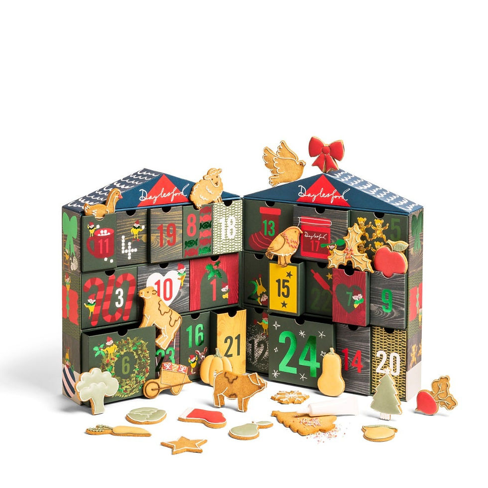 Daylesford Winter Workshop advent calendar opened out with numbered drawers and iced biscuits