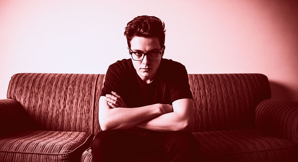 A high-contrast red and white duotone photo of a person sitting defensively on a couch, symbolizing therapy resistance.