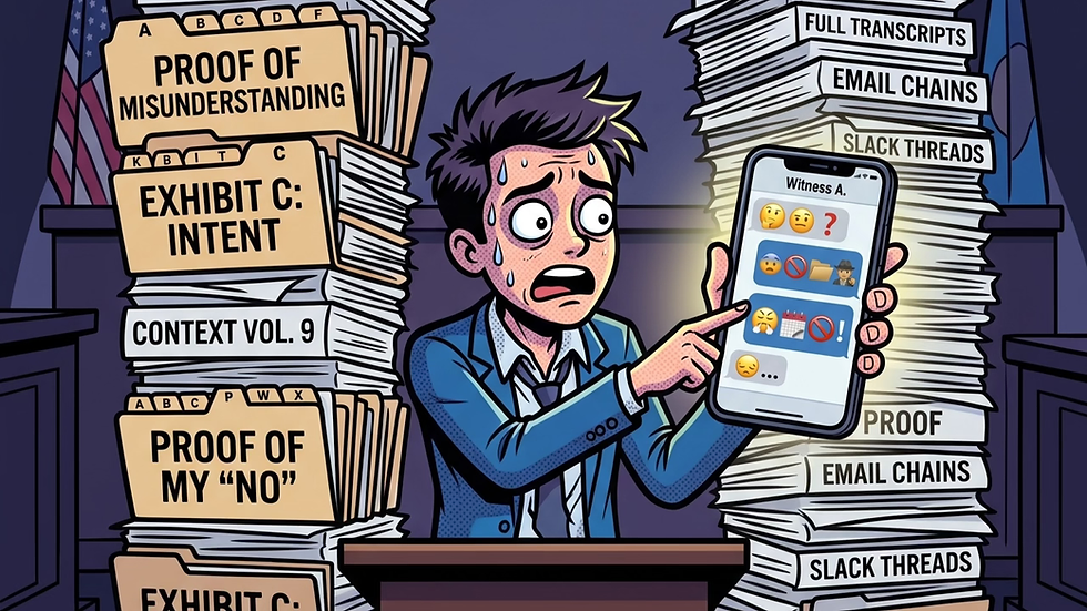 Overexplaining trauma response and therapy resistance. A distressed person frantically acting as their own defense attorney, standing at a podium buried behind towering stacks of evidence, files, and printed text messages in an empty courtroom. Pop-art style illustration for the trauma therapy podcast at Visions Counseling & Education | CBRS in Boise.