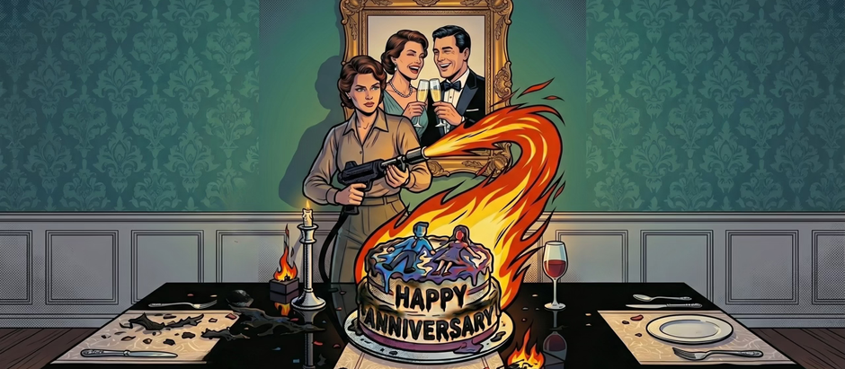 Avoidance and the shame cycle illustrated as a shadow figure using a flamethrower to incinerate a happy anniversary cake. Pop-art style illustration for the trauma therapy podcast at Visions Counseling & Education in Boise.