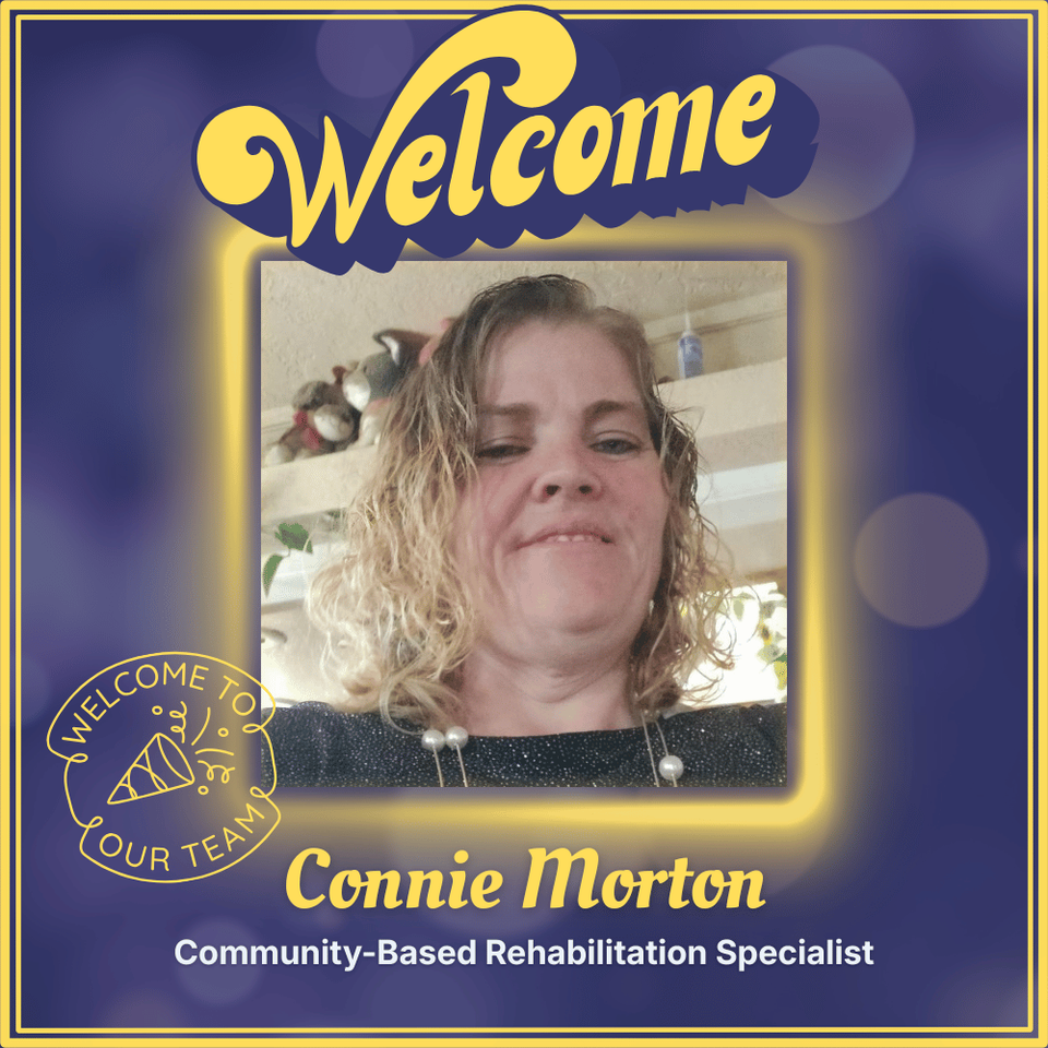 Portrait of Connie Morton, CBRS with welcome to the team message and bokeh background.
