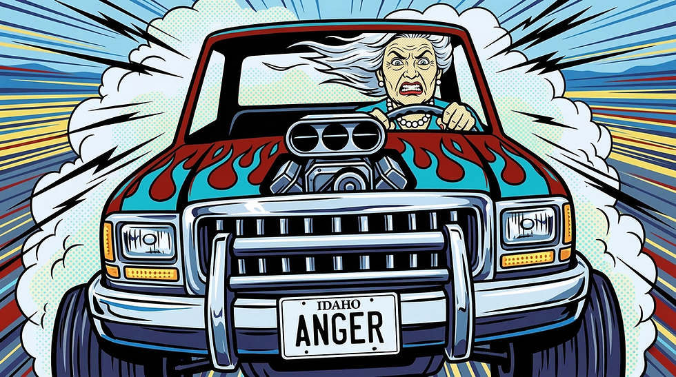 An elderly woman driving a monster truck at high speed with an Idaho "ANGER" license plate, representing affective dysregulation as a protective survival system. Pop-art style illustration for the trauma therapy podcast at Visions Counseling & Education in Boise.
