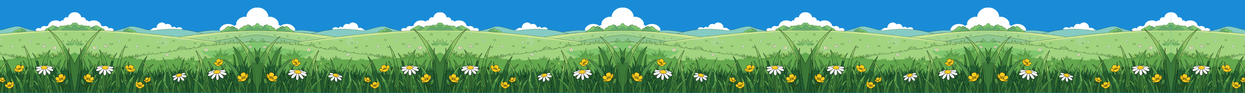 Peaceful illustration of a grassy hillside and blue sky with clouds. Field of dreams.