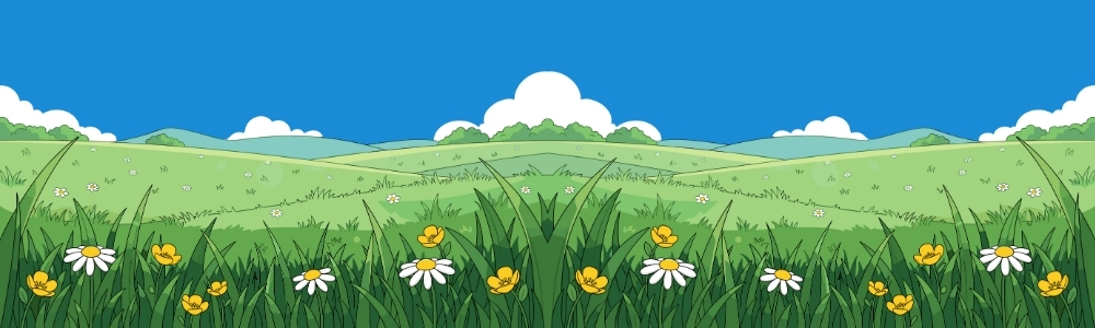 Vibrant cartoon of a wildflower meadow under blue sky.
