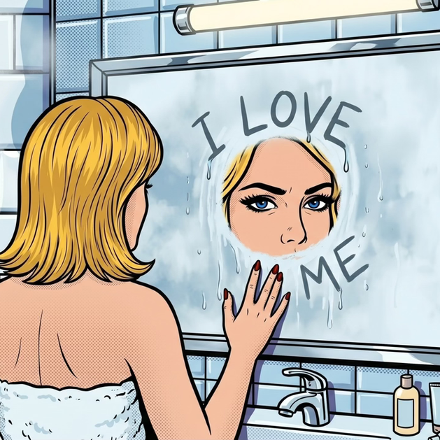Emotional damage dynamics and therapeutic self-love metaphors featuring a serious blond woman clearing fog from a mirror to reveal the words I love me. Pop-art style illustration for the trauma therapy podcast at Visions Counseling & Education in Boise.