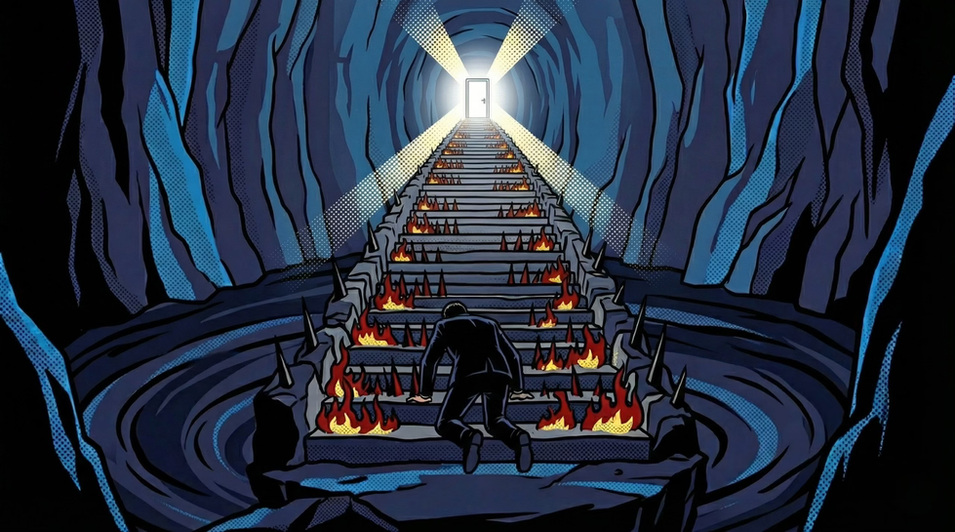 Suicidal thoughts and crisis intervention protocols depicted through a figure in a dark basement looking up a flaming staircase toward a light. Pop-art style illustration for the trauma therapy podcast at Visions Counseling & Education in Boise.